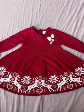 Girls Red Christmas Knit Dress with Reindeer Trim 12M